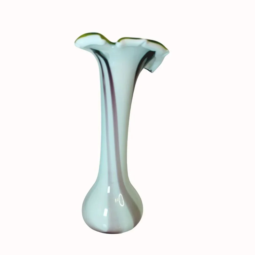 Vintage Jack-In-The-Pulpit Hand-Blown Art Glass Vase With Green Rim & Swirled De